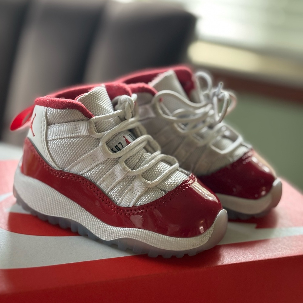 Jordan Red and White Sneakers with Patent Leather